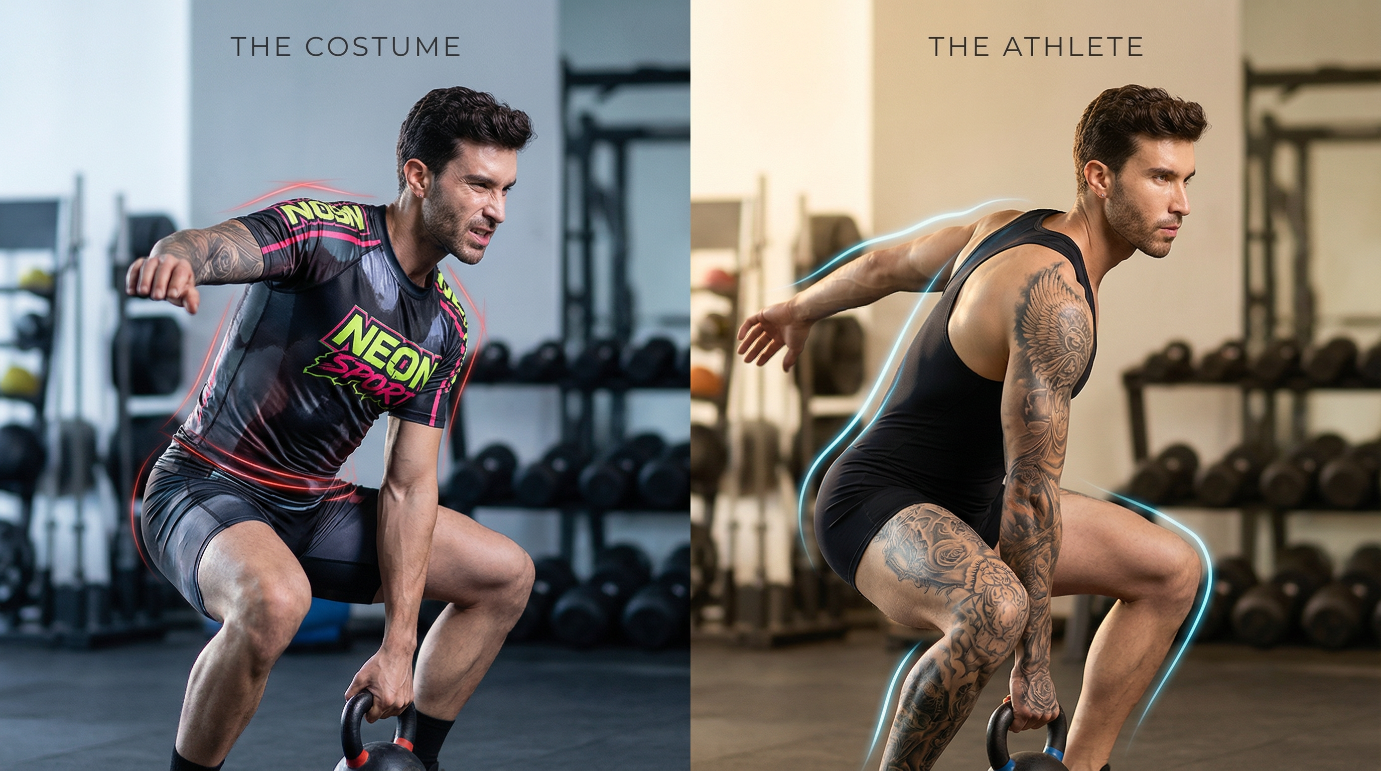 A powerful split-scene editorial image illustrating the difference between performance and performative gymwear.