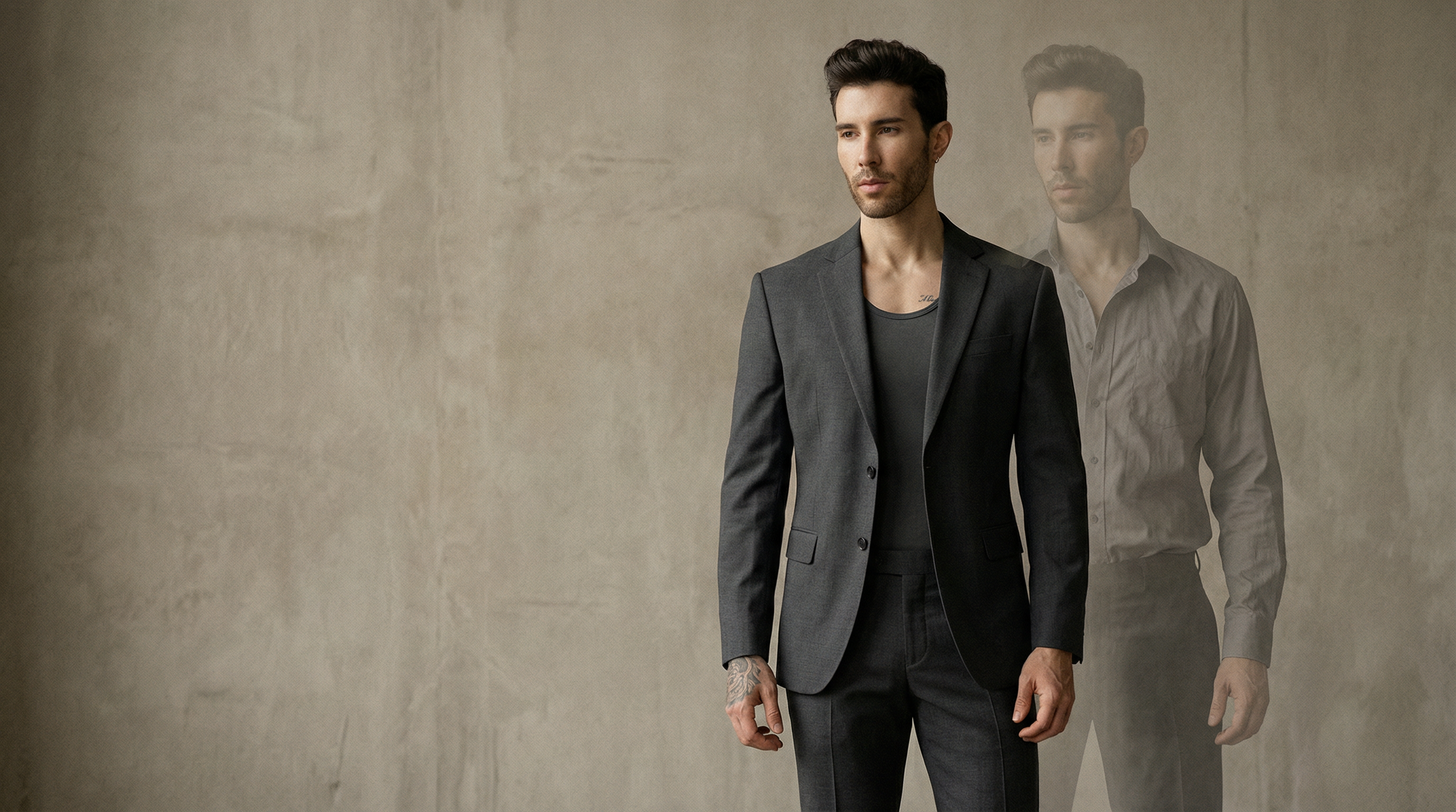 Minimalist editorial image of a man in a seamless one-piece outfit, with a faint, misaligned tucked shirt silhouette fading in the background, highlighting a clean, uninterrupted waistline.