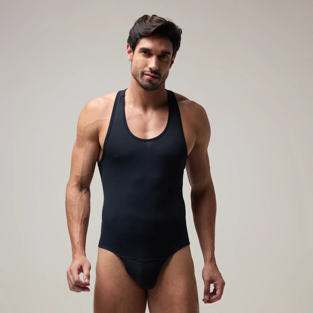 Front view of Men’s Brief-Cut Bodysuit Top – Briefline B1 in Black, soma.xy premium innerwear. Carbon