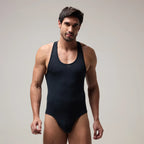 Front view of Men’s Brief-Cut Bodysuit Top – Briefline B1 in Black, soma.xy premium innerwear. Carbon
