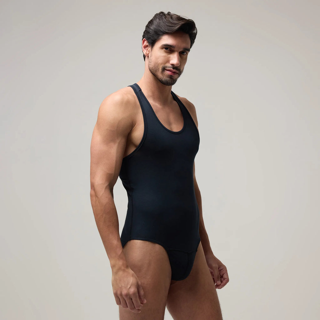 Front view of Men’s Brief-Cut Bodysuit Top – Briefline B1 in Black, soma.xy premium innerwear. Carbon
