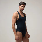 Front view of Men’s Brief-Cut Bodysuit Top – Briefline B1 in Black, soma.xy premium innerwear. Carbon