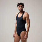 Front view of Men’s Brief-Cut Bodysuit Top – Briefline B1 in Black, soma.xy premium innerwear. Carbon