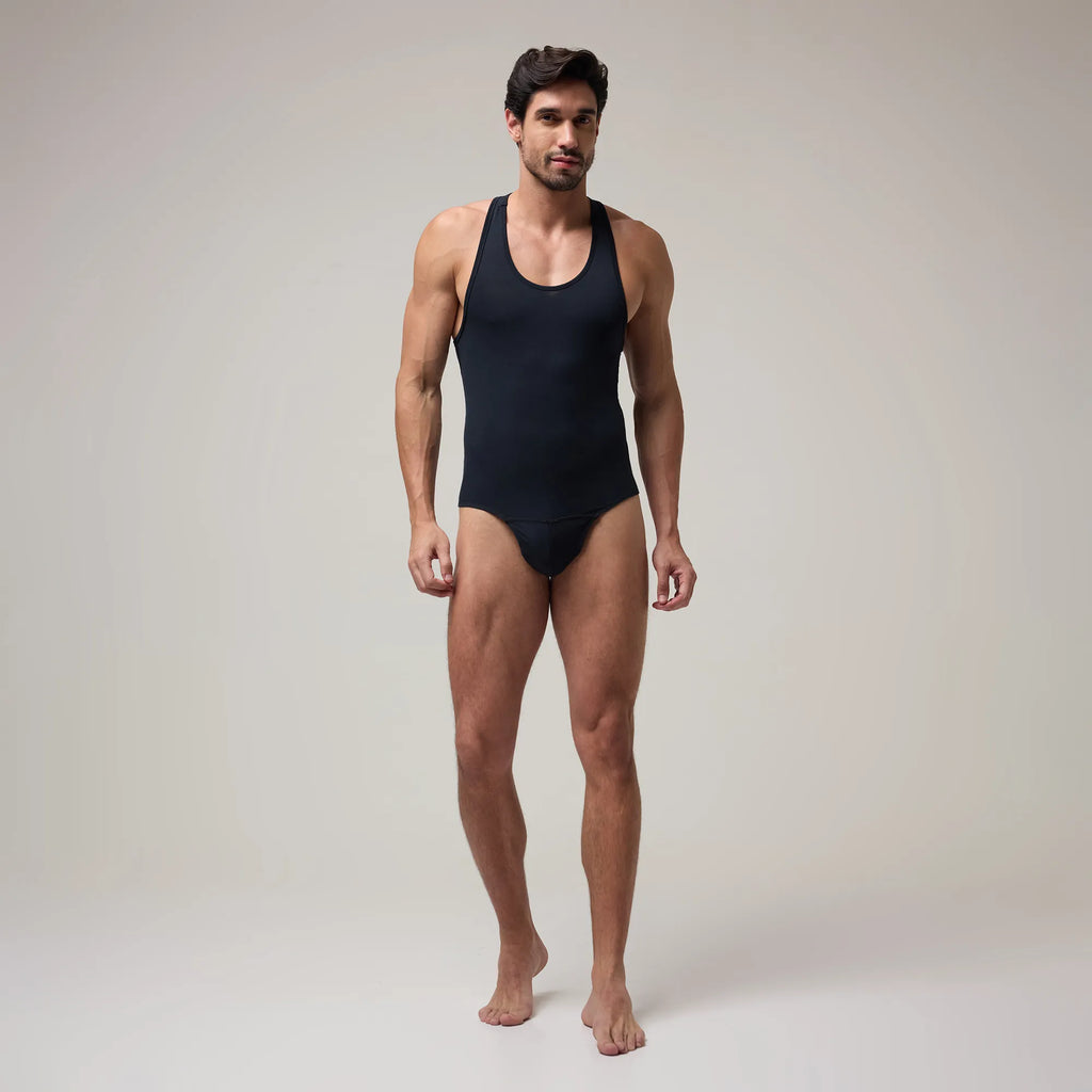 Front view of Men’s Brief-Cut Bodysuit Top – Briefline B1 in Black, soma.xy premium innerwear. Carbon