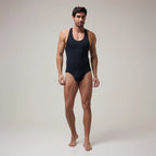 Front view of Men’s Brief-Cut Bodysuit Top – Briefline B1 in Black, soma.xy premium innerwear. Carbon