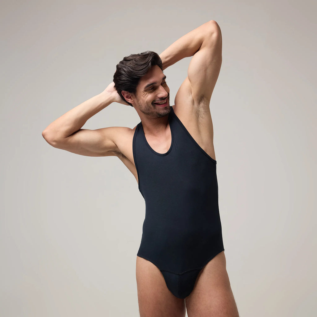 Front view of Men’s Brief-Cut Bodysuit Top – Briefline B1 in Black, soma.xy premium innerwear. Carbon